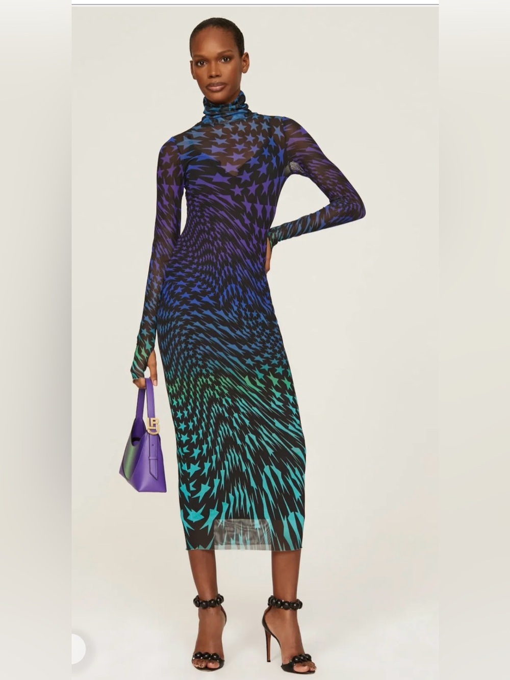 AFRM Sharlene turtleneck dress Sheer Star Spiral Midi Dress in Blue-Green - Picture 3 of 12